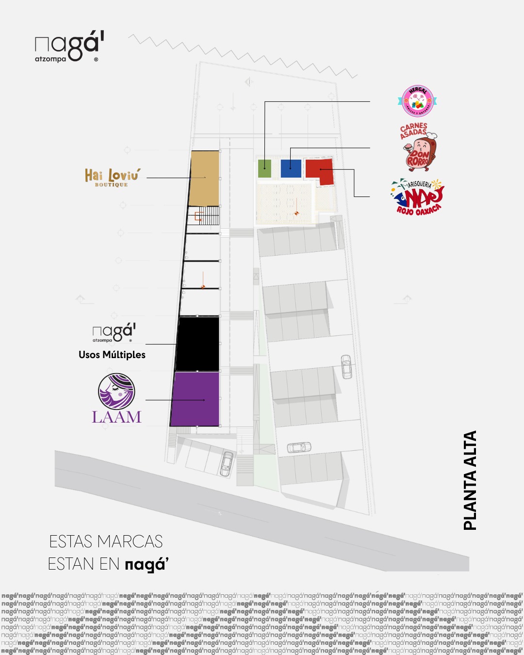 Croquis de planta alta de Nagá' Atzompa con locales disponibles